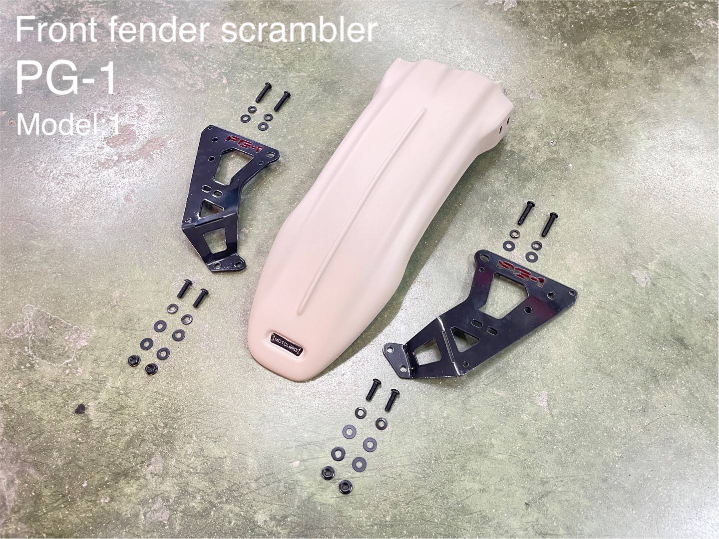 PG-1 1.) ครอบไฟหน้า Headlight cover. 1,590฿ 2.) ครอบไฟเบรค Rear brake light cover. 1,290฿ 3.) ชิวหน้า V1 Headbrand Windshield V1 1,590฿ 4.) กาบ อกบังหัวฉีด Side fairing cover. 1990฿ 5.) กันลาย V1 Mid frame protector. 1990฿ 6.) ชุดบังโคลนหน้าScrambler Full