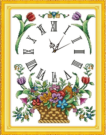clock-1004 *สินค้าหมด* ชุดปักครอสติช ลายนาฬิกาตะกร้าดอกไม้หลากสี ขนาด 45*57 ซม.ผ้าครอสติช 11CTพิมพ์ลายปักบนผ้า ไหมคอตตอน 29 สี ผังลาย เข็ม