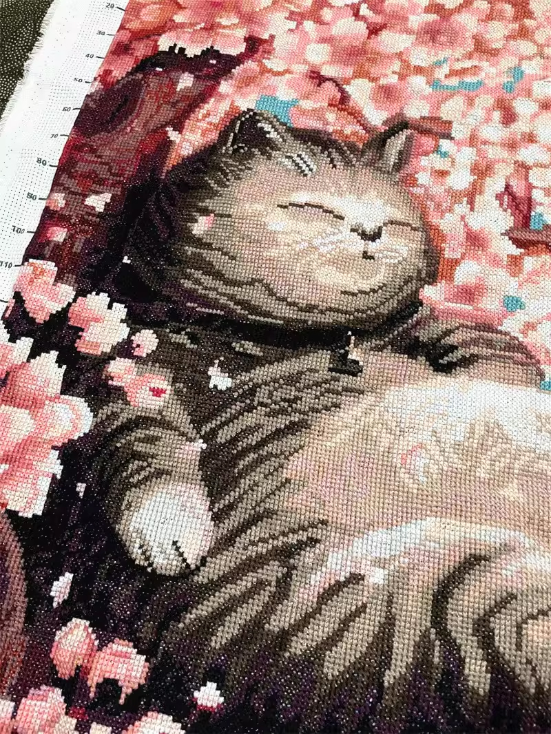 cat-1141 *สินค้าหมด* ชุดปักครอสติช ลายแมวน้อยซากุระ (ปักเต็มผืนผ้า ไม่มีเดินเส้น ผ้า11CTพิมพ์ลาย ปัก 3 เส้นเล็ก) ขนาด 50*65 ซม.ผ้าครอสติช 11CTพิมพ์ลายปักบนผ้า ไหมคอตตอน 30 สี ผังลาย เข็ม