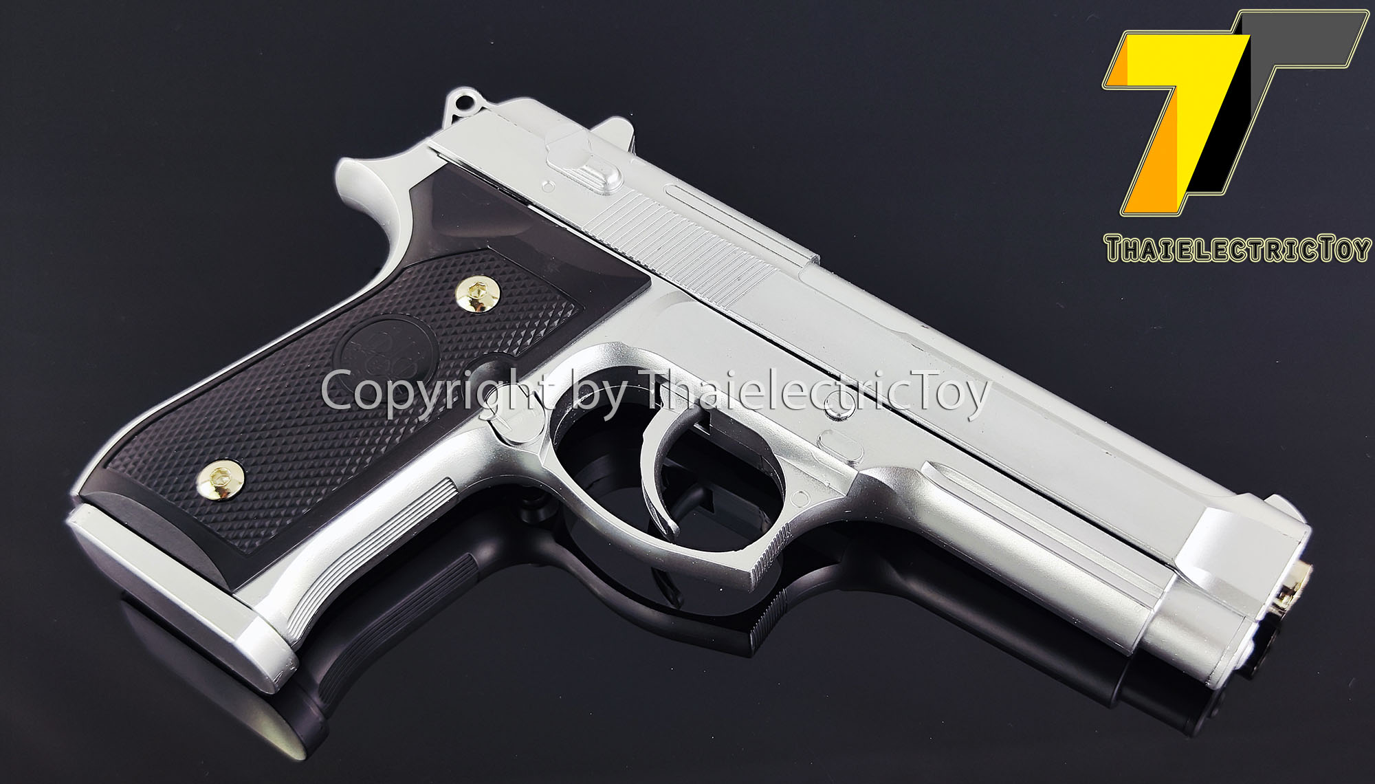 ปืนอัดลมพลาสติก Beretta สีบอร์นเงิน ชักยิงทีล่ะนัด ลำกล้องยาว 8 นิ้ว หนัก 213 กรัม