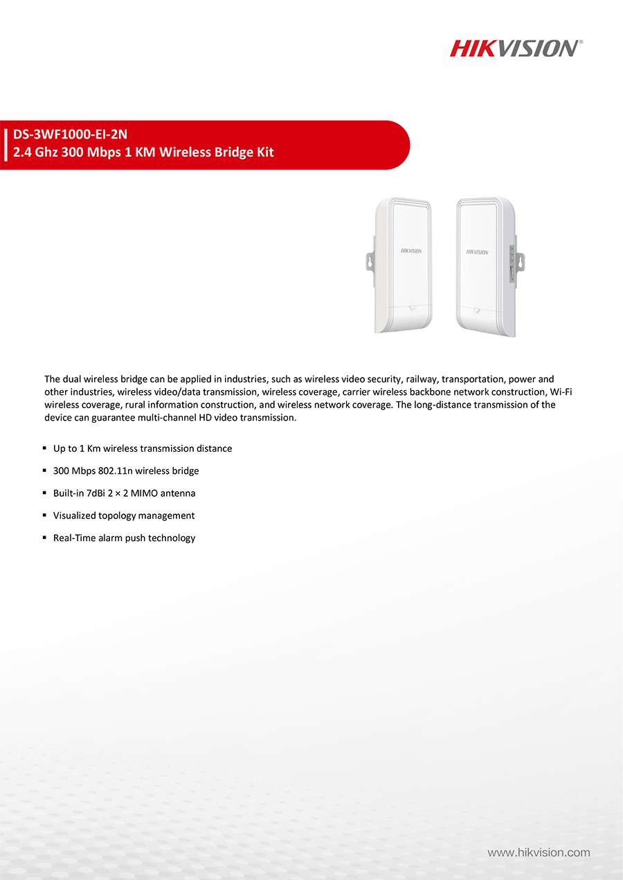 HIKVISION DS-3WF1000-EI-2N 2.4Ghz 300Mbps 1KM Wireless Bridge Kit 7dBi 2 x 2 MIMO antenna BY BILLIONAIRE SECURETECH DS-3WF1000-EI-2N