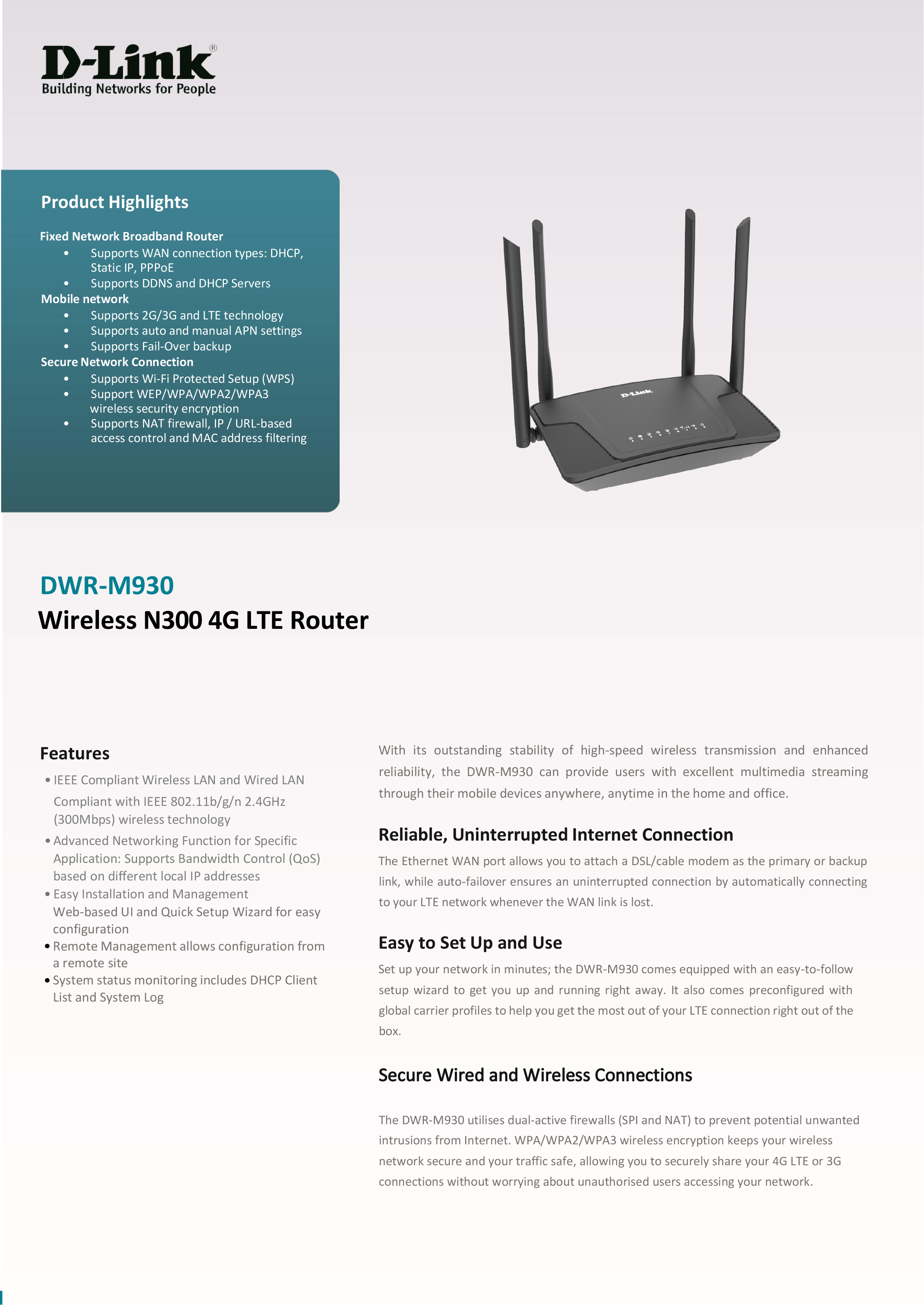 D-LINK DWR-M930 N300 4G LTE Router เร้าเตอร์ใส่ซิม BY BILLIONAIRE SECURETECH DWR-M930