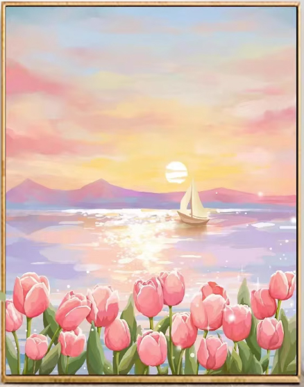 view-1101 *สินค้าหมด* ชุดปักครอสติช ลายทุ่งทิวลิปริมทะเล (ปักเต็มผืนผ้า ไม่มีเดินเส้น ผ้า11CTพิมพ์ลาย ปัก 3 เส้นเล็ก) ขนาด 51*62 ซม.ผ้าครอสติช 11CTพิมพ์ลายปักบนผ้า ไหมคอตตอน 27 สี ผังลาย เข็ม