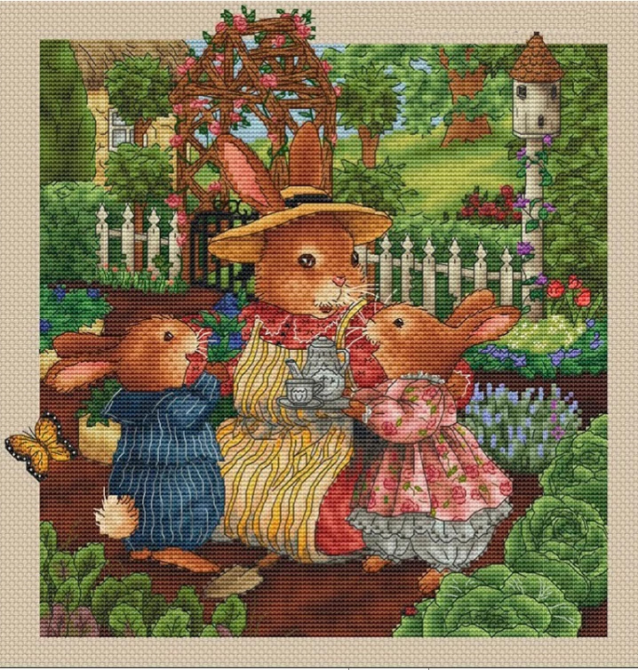 rabbit-1017 *สินค้าหมด* ชุดปักครอสติช ลายครอบครัวกระต่าย (ปักเต็มผืนผ้า ไม่มีเดินเส้น ผ้า11CT พิมพ์ลาย ปัก 3 เส้นเล็ก) ขนาด 59*63 ซม.ผ้าครอสติช 11CTพิมพ์ลายปักบนผ้า ไหมคอตตอน 58 สี ผังลาย เข็ม