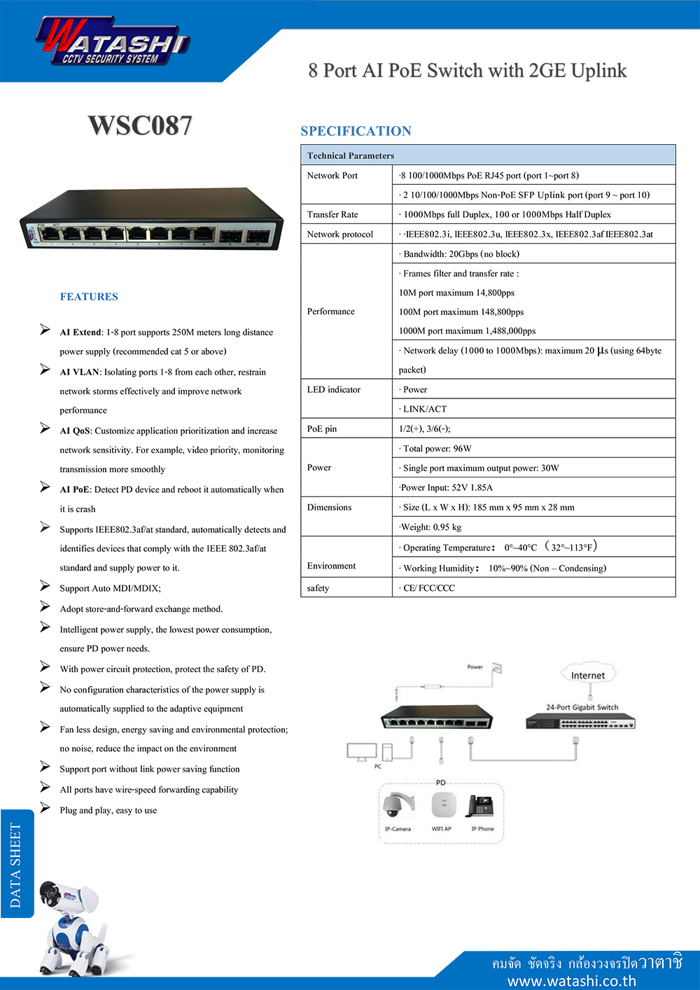 WATASHI WSC087 : 8PoE Port AI Gigabit PoE Switch with 2GE Uplink 250M 96W BY BILLIONAIRE SECURETECH WSC087