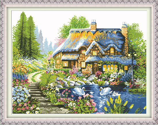 home-1049 *สินค้าหมด* ชุดปักครอสติช ลายกระท่อมน้อยในสวนสวย (ปักครั้งละ 3 เส้นเล็ก) ขนาด 75*61 ซม.ผ้าครอสติช 11CTพิมพ์ลายปักบนผ้า+ไหมคอตตอน 47 สี+ผังลาย เข็ม
