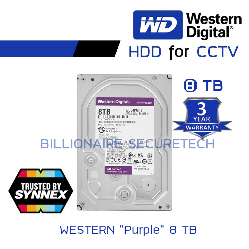 WD WD85PURZ WD PURPLE 8TB Harddisk For CCTV SATA3 3.5" BY BILLIONAIRE SECURETECH WD84PURZ