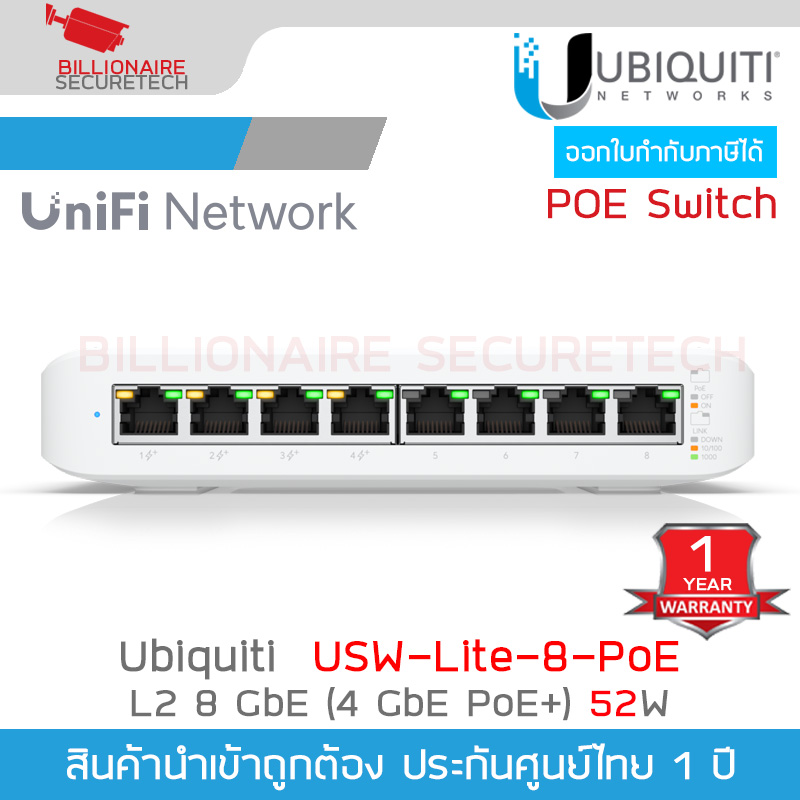 UBIQUITI USW-Lite-8-POE UniFi 8-Port L2-Managed Gigabit Switch, with 4 Port PoE+ IEEE 802.3af/at 52W BY BILLIONAIRE SECURETECH USW-Lite-8-POE