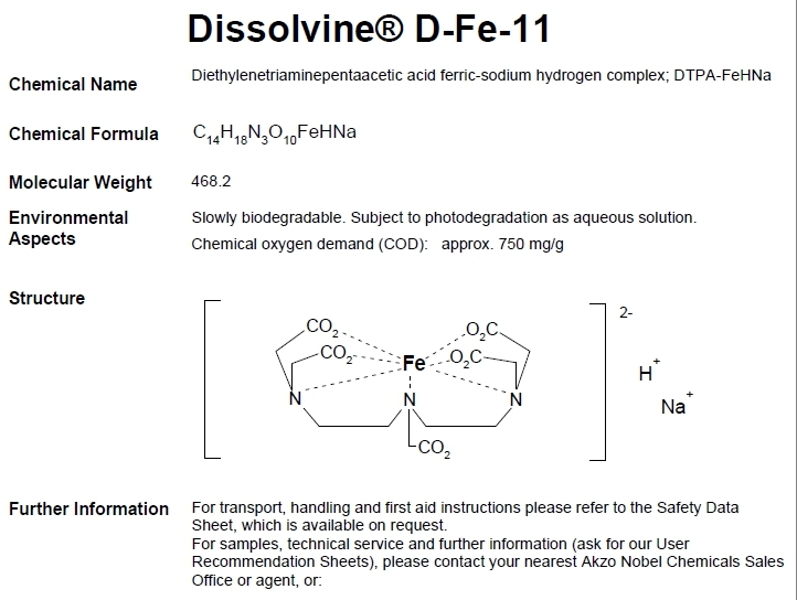 ผงจุลธาตุเหล็กคีเลตดีทีพีเอ 11% (เหล็กแดง/เหล็กดีพี 11%) Dissolvine D-FE-11 (DTPA FE 11%; Aczonobel Netherland) บรรจุ 1 กิโลกรัม (R)