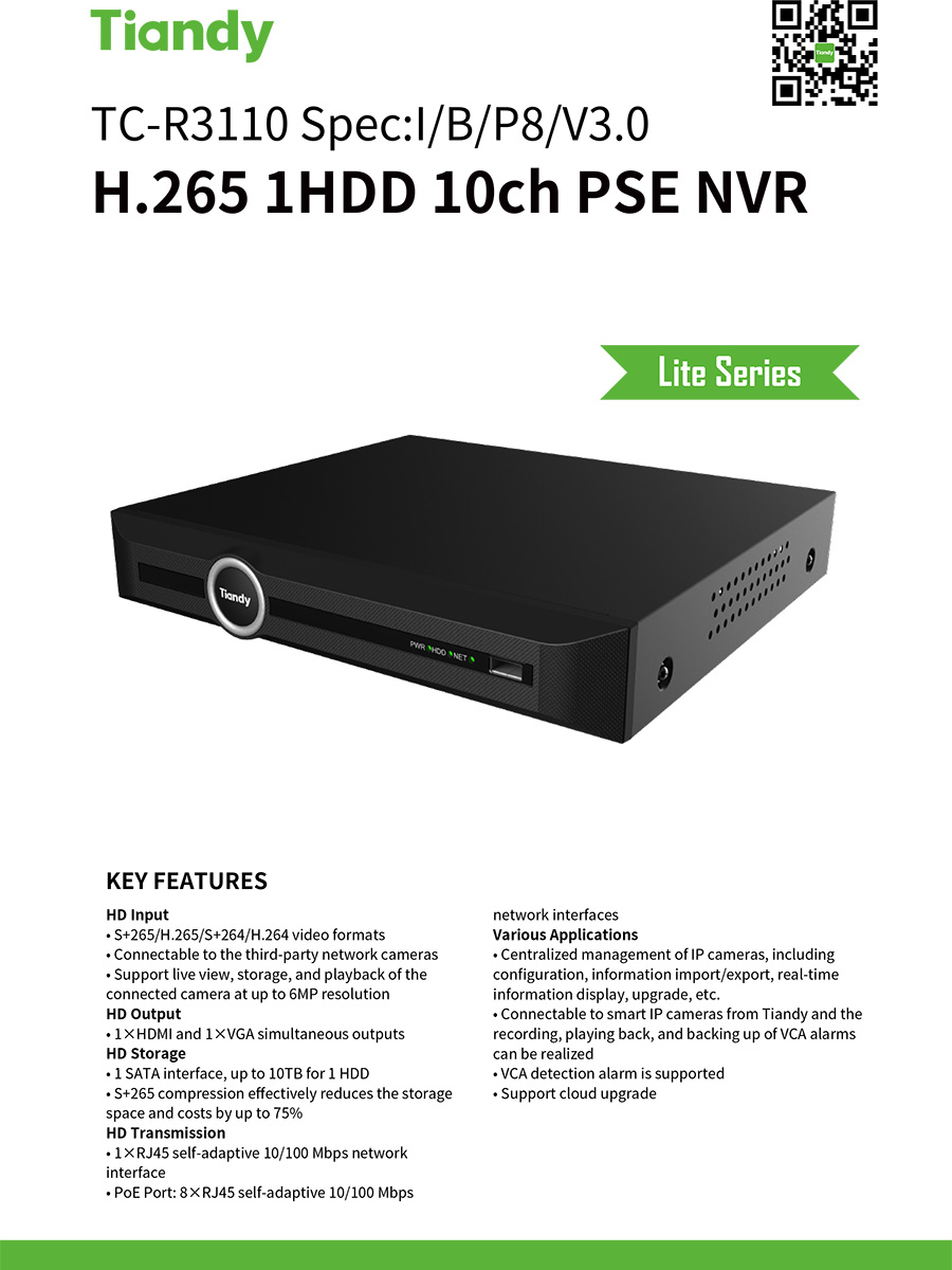 TIANDY TC-R3110 SPEC:I/B/P8/V3.0 NVR 10CH / 8POE H.265 1SATA BY BILLIONAIRE SECURETECH TC-R3110 SPEC:I/B/P8/V3.0