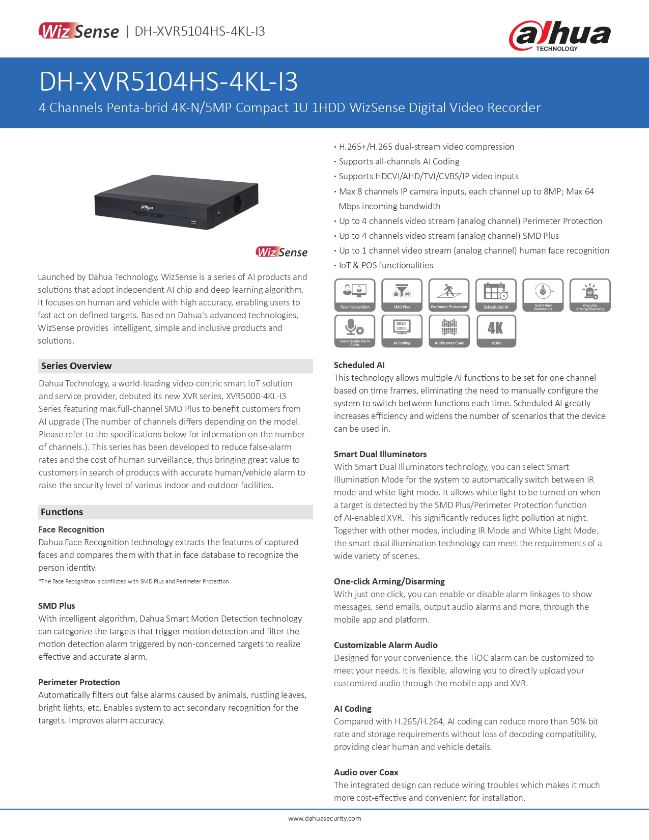 DAHUA XVR5104HS-4KL-I3 เครื่องบันทึกกล้องวงจรปิด DVR 4CH WizSense 4K BY BILLIONAIRE SECURETECH DAHUA XVR5104HS-4KL-I3