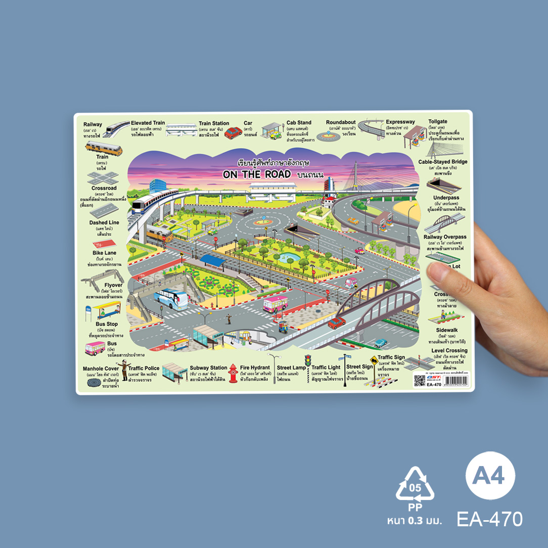 โปสเตอร์ความรู้ ป้ายนิเทศA4 คำศัพท์2ภาษา ไทย-อังกฤษ On The Road บนถนน EA-470