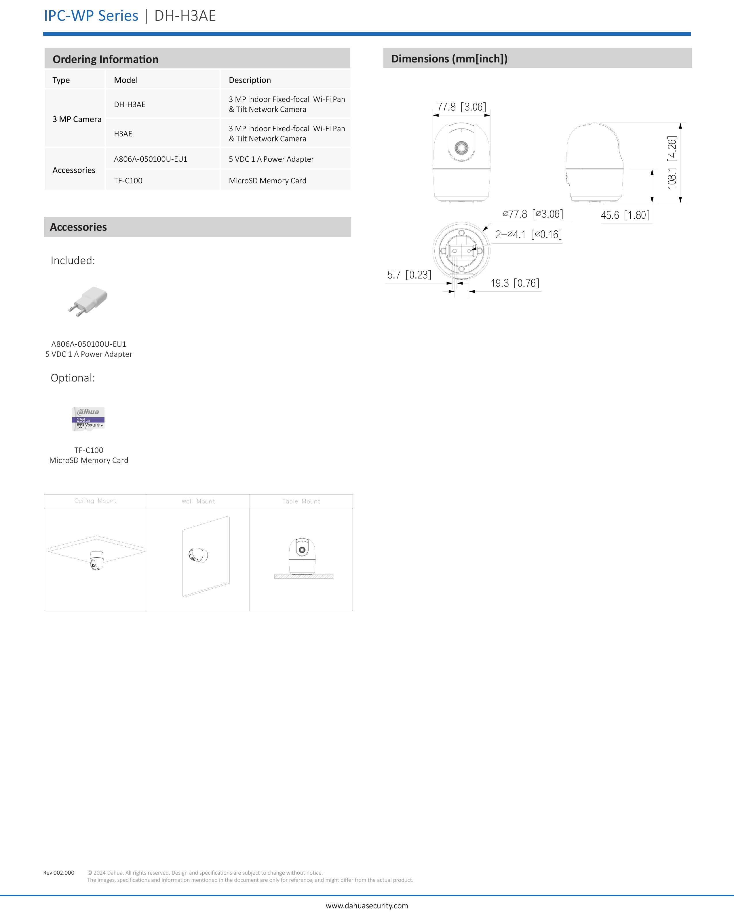 DAHUA DH-H3AE-B ( HERO A1 ) BLACK - สีดำ กล้องวงจรปิดระบบ IP WIFI 3 ล้านพิกเซล มีไมค์และลำโพงในตัว IR 10 M. BY BILLIONAIRE SECURETECH DH-H3AE-B