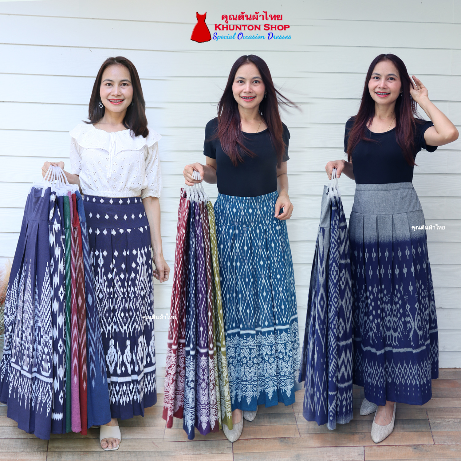 15D-01 กระโปรงผ้าไทย ทรงจีบทวิส ผ้าฝ้ายพิมพ์ลาย เนื้อนิ่มใส่สบาย ขนาดฟรีไซส์ เอวสม็อคหลังเอว 28-34