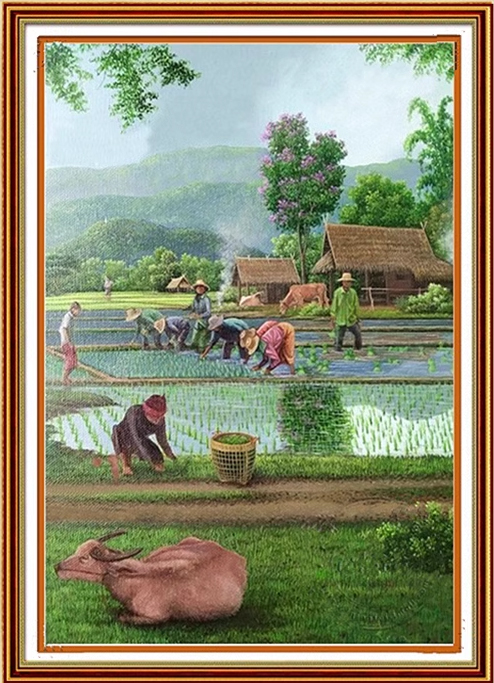 view-1137 *สินค้าหมด* ชุดปักครอสติช ลายวิถีทำนา (ปักเต็มผืนผ้า ไม่มีเดินเส้น ผ้า11CT พิมพ์ลาย ปัก 3 เส้นเล็ก) ขนาด 60*80 ซม.ผ้าครอสติช 11CTพิมพ์ลายปักบนผ้า ไหมคอตตอน 41 สี ผังลาย เข็ม