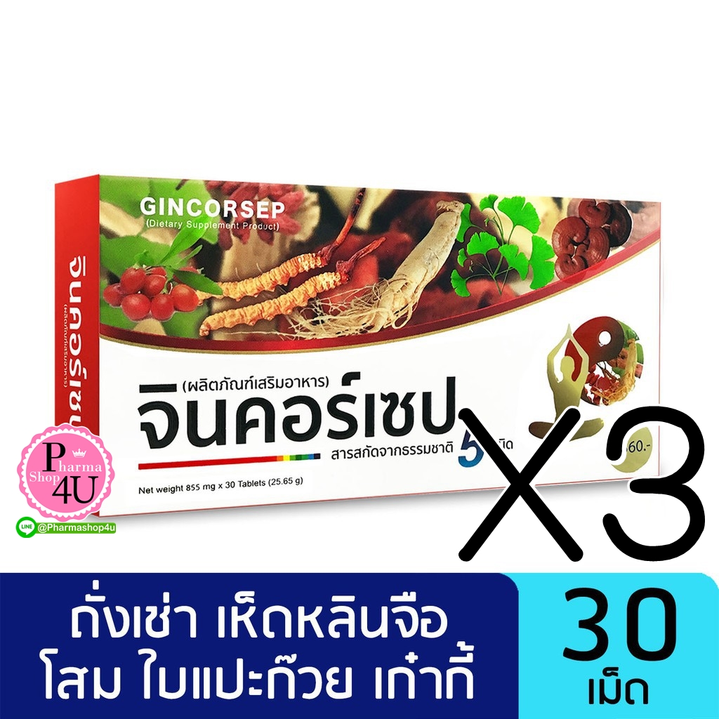 (ซื้อ3 ราคาพิเศษ) GINCORSEP จินคอร์เซป สารสกัดถั่งเช่า โสม 30 เม็ด (เห็ดหลินจือ โกจิเบอร์รี่ และใบแปะก๊วย)