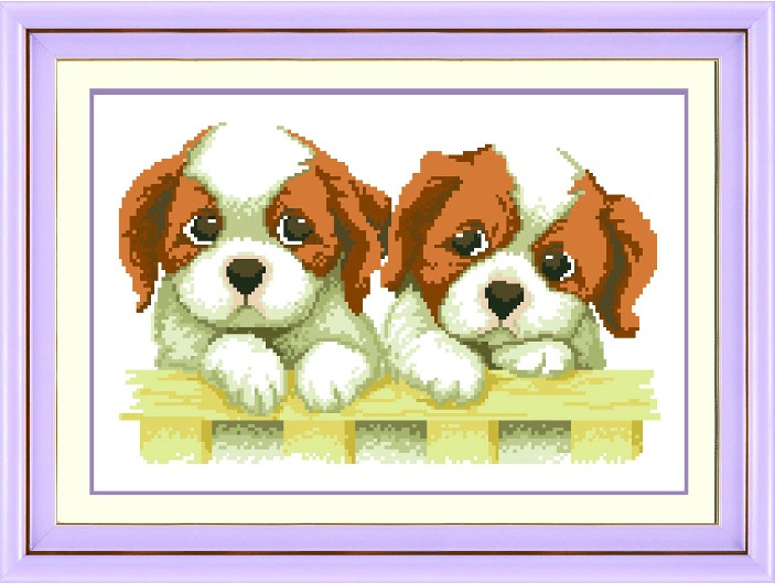 dog-1101 *สินค้าหมด* ชุดปักครอสติช ลายคู่น้องหมา (ไม่มีเดินเส้น ผ้า11CTพิมพ์ลาย ปัก 3 เส้นเล็ก) ขนาด 47*33 ซม.ผ้าครอสติช 11CTพิมพ์ลายปักบนผ้า ไหมคอตตอน 17 สี ผังลาย เข็ม
