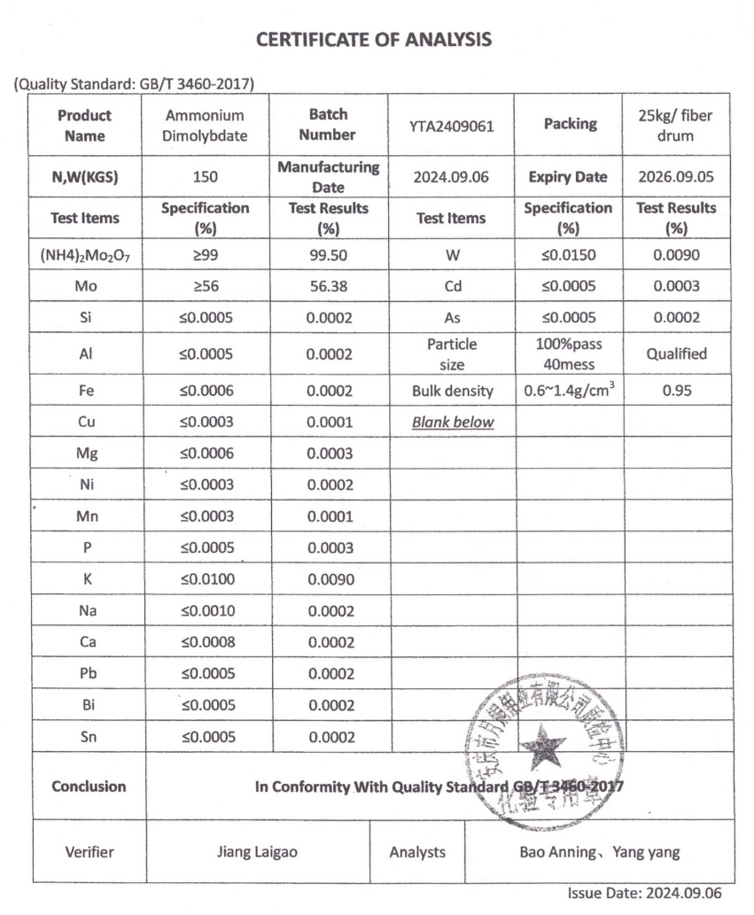 ผงจุลธาตุโมลิบดินั่ม Ammonium Dimolybdate 99% (56% Mo) บรรจุ 500 กรัม