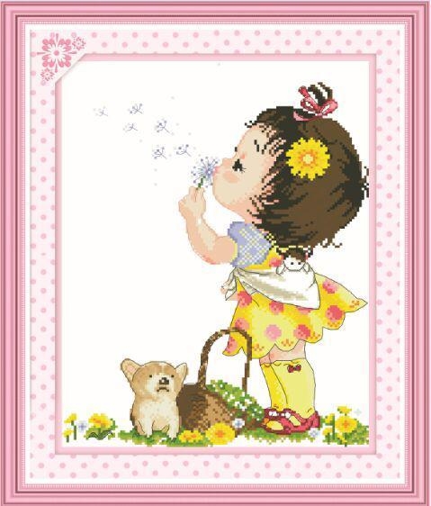 girl-1100 *สินค้าหมด* ชุดปักครอสติช ลายเด็กน้อยกับน้องหมา ขนาด 37*45 ซม ผ้าครอสติช 11CTพิมพ์ลายปักบนผ้า ไหมคอตตอน 32 สี ผังลาย เข็ม