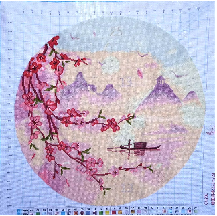 view-1113 *สินค้าหมด* ชุดปักครอสติช ลายวิวซากุระ (ปักเต็มผืนผ้า ไม่มีเดินเส้น ผ้า11CTพิมพ์ลาย มีประกาย ปัก 3 เส้นเล็ก) ขนาด 50*50 ซม.ผ้าครอสติช 11CTพิมพ์ลายปักบนผ้า ไหมคอตตอน 22 สี ผังลาย เข็ม