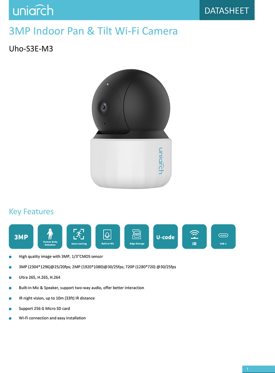 UNIARCH Uho-S3E-M3 กล้องวงจรปิด Robot 3MP Indoor Pan & Tilt Wi-Fi Camera มีไมค์และลำโพงในตัว ใช้งานภายใน BY BILLIONAIRE SECURETECH Uho-S3E-M3