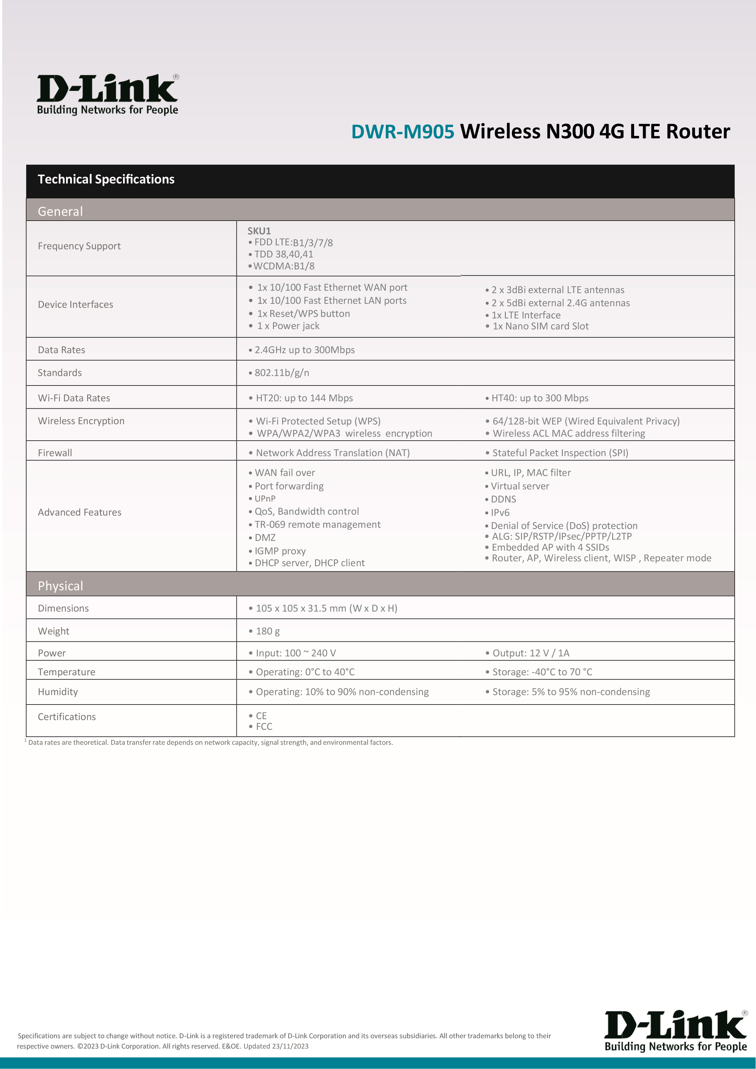 D-LINK DWR-M905 : Wireless N300 4G Router BY BILLIONAIRE SECURETECH DWR-M905