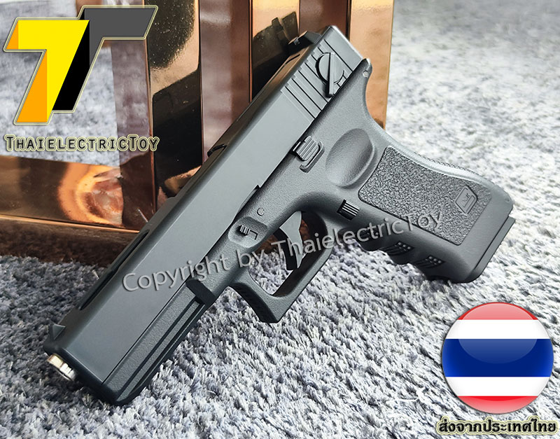 ปืนอัดลมพลาสติก Glock 18c ชักยิงทีล่ะนัด ลำกล้องยาว 7.5 นิ้ว หนัก 265 กรัม แขวนสไลน์ได้ ใช้ลูกกระสุนพลาสติก 6 มิล