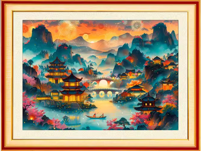 view-1149 *สินค้าหมด* ชุดปักครอสติช ลายเมืองสวยกลางขุนเขา (ปักเต็มผืนผ้า ไม่มีเดินเส้น ผ้า11CTพิมพ์ลาย ปัก 3 เส้นเล็ก) ขนาด 72*50 ซม. ผ้าครอสติช 11CTพิมพ์ลายปักบนผ้า ไหมคอตตอน 67 สี ผังลาย เข็ม