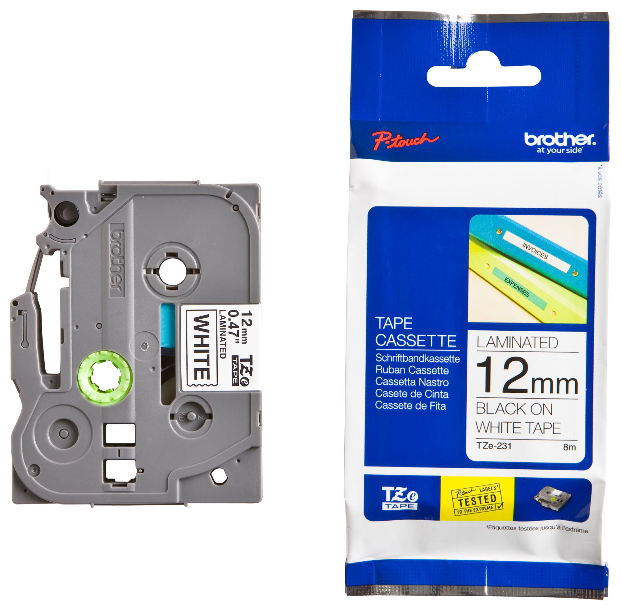 เทปพิมพ์อักษร BROTHER 12 mm. - อักษรดำพื้นขาว TZE-231
