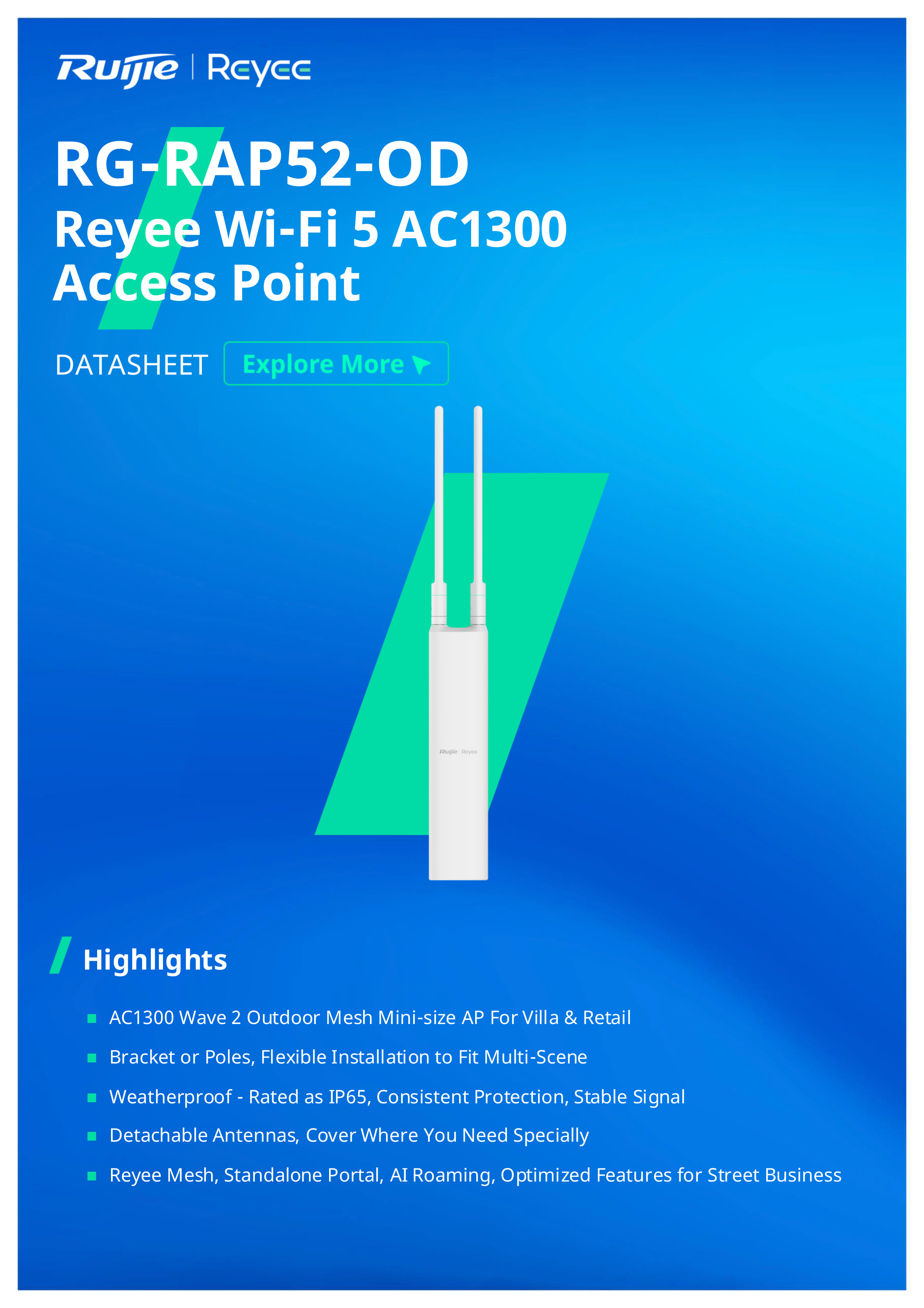 RUIJIE RG-RAP52-OD Outdoor Cloud Manage Acess Point Wi-Fi 5, 1267 Mbps, GE Port BY BILLIONAIRE SECURETECH RG-RAP52-OD