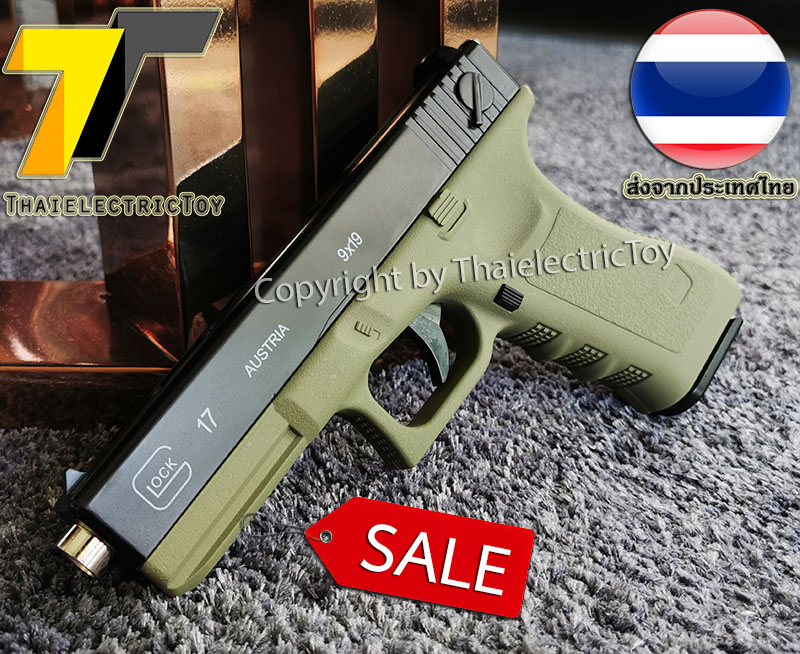 ปืนอัดลมเหล็ก Glock 17 สีทูโทน ชักยิงทีล่ะนัด ลำกล้องยาว 7 นิ้ว หนัก 668 กรัม ใช้ลูกกระสุนพลาสติก 6 มิล