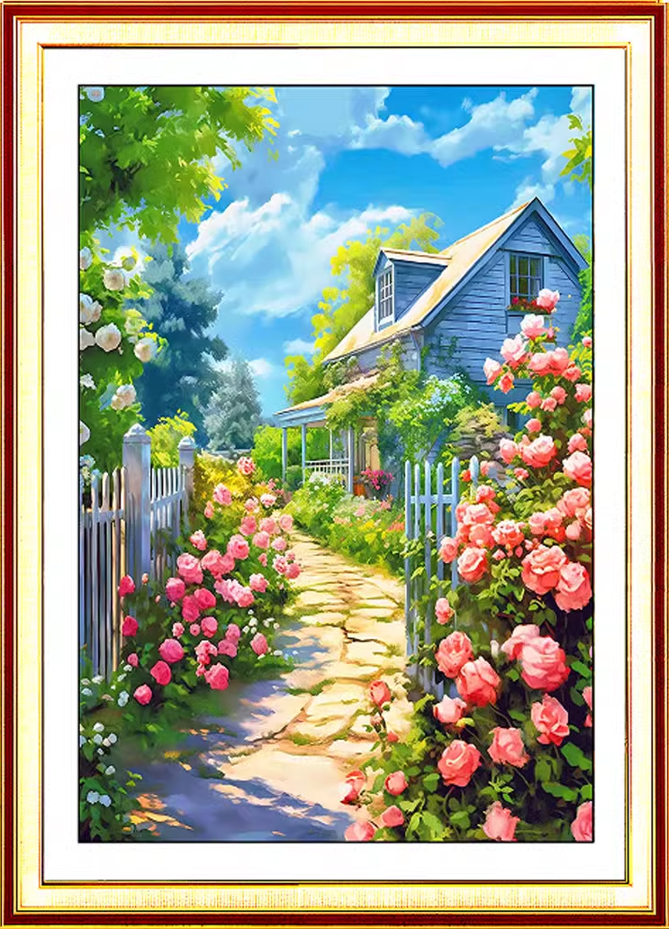 home-1001 *พร้อมส่ง* ชุดปักครอสติช ลายบ้านสวยรั้วดอกไม้ (ปักเต็มผืนผ้า ไม่มีเดินเส้น ผ้า9CT พิมพ์ลาย ปัก 4 เส้นเล็ก) ขนาด 60*85 ซม.ผ้าครอสติช 9CTพิมพ์ลายปักบนผ้า ไหมคอตตอน 44 สี ผังลาย เข็ม