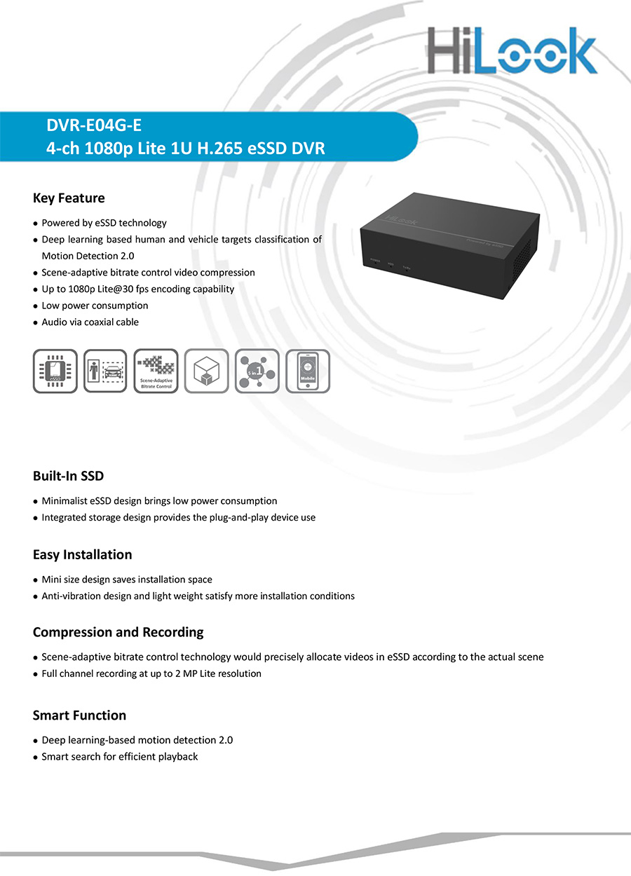 HILOOK eDVR DVR-E04G-XE (4 CH) เครื่องบันทึกกล้องวงจรปิด 4 CH สำหรับกล้องระบบ HD ความละเอียดไม่เกิน 2 ล้านพิกเซล มี eSSD 1TB ในตัว BY BILLIONAIRE SECURETECH DVR-E04G-XE