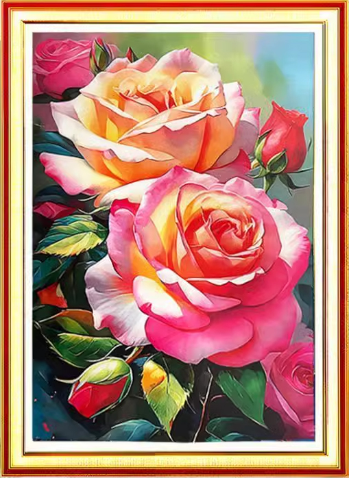rose-1027 *สินค้าหมด* ชุดปักครอสติช ลายช่อกุหลาบ (ปักเต็มผืนผ้า ไม่มีเดินเส้น ผ้า9CTพิมพ์ลาย มีประกาย ปัก 4 เส้นเล็ก) ขนาด 60*90 ซม.ผ้าครอสติช 9CTพิมพ์ลายปักบนผ้า ไหมคอตตอน 64 สี ผังลาย เข็ม