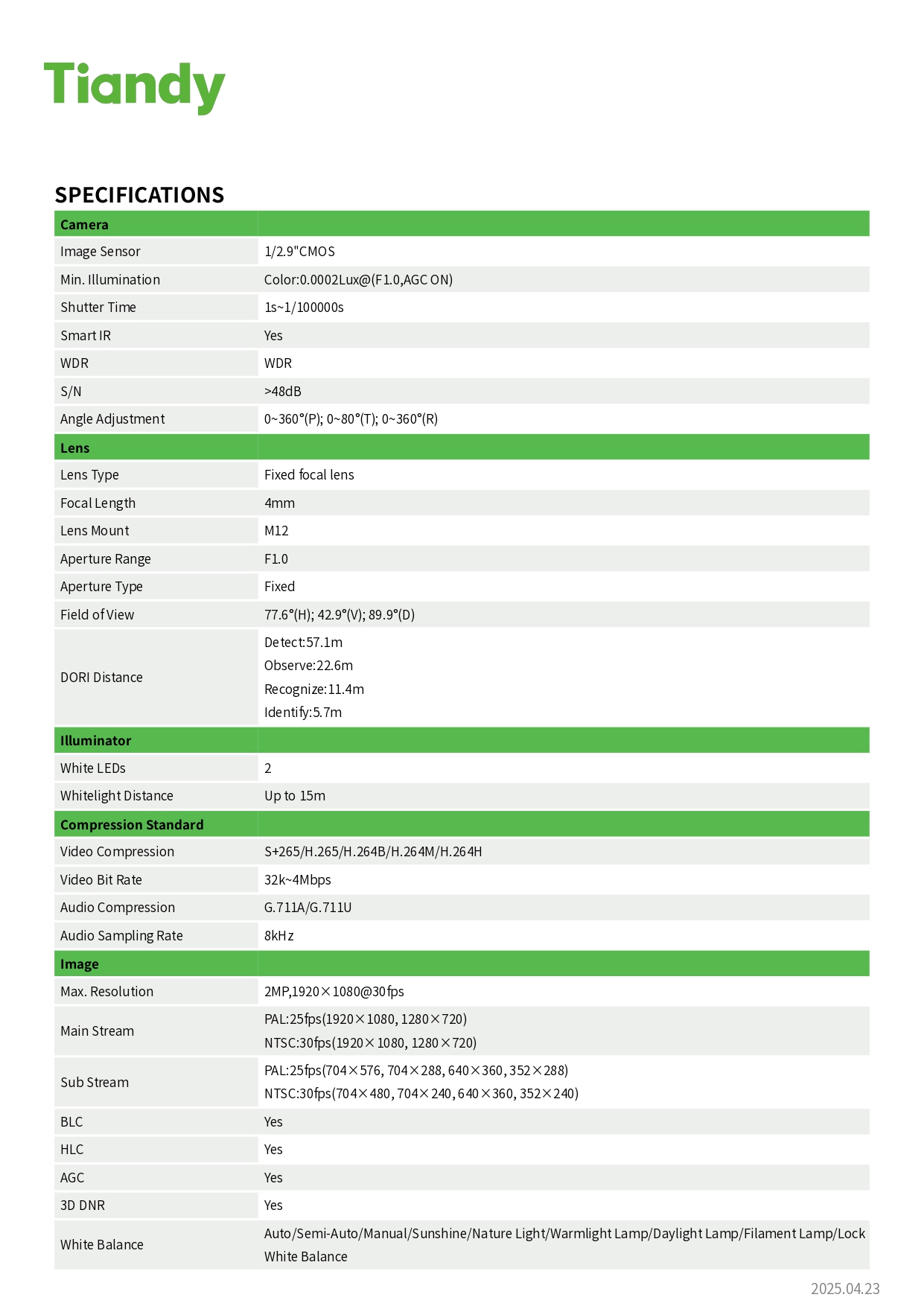 TIANDY TC-C32QV 2FNA-4 (4MM.) กล้องวงจรปิด IP Camera 2MP WDR, IP67, มีไมค์ในตัว BY BILLIONAIRE SECURETECH TIANDY TC-C32QV 2FNA-4 (4MM.)
