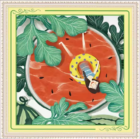 girl-1031 *พร้อมส่ง* ชุดปักครอสติช ลายสาวน้อยแตงโม (ปักเต็มผืนผ้า ไม่มีเดินเส้น ผ้า11CTพิมพ์ลาย ปัก 3 เส้นเล็ก) ขนาด 50*50 ซม.ผ้าครอสติช 11CTพิมพ์ลายปักบนผ้า ไหมคอตตอน 24 สี ผังลาย เข็ม