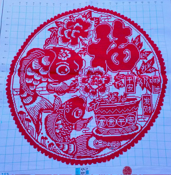 pla-1147 *สินค้าหมด* ชุดปักครอสติช ลายปลาคู่อวยพรมงคล Fu โชคดีมีสุข (ไม่มีเดินเส้น ไม่มีผังลาย ปักสีเดียว ผ้า11CTพิม์ลาย ปัก 3 เส้นเล็ก) ขนาดใหญ่ 75*75 ซม.ผ้าครอสติช 11CTพิมพ์ลายปักบนผ้า ไหมคอตตอน สีแดง เข็ม