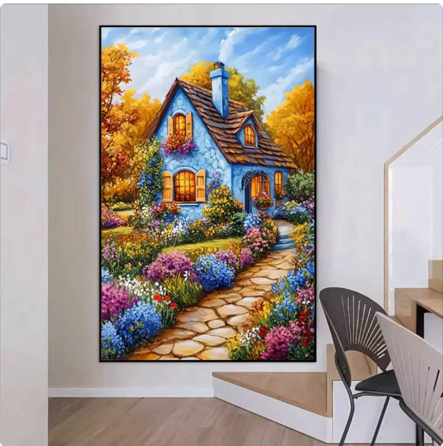 home-1154 *สินค้าหมด* ชุดปักครอสติช ลายบ้านสวยสวนดอกไม้ (ปักเต็มผืนผ้า ไม่มีเดินเส้น ผ้า11CTพิมพ์ลาย ปัก 3 เส้นเล็ก) ขนาด 50*65 ซม.ผ้าครอสติช 11CTพิมพ์ลายปักบนผ้า ไหมคอตตอน 51 สี ผังลาย เข็ม