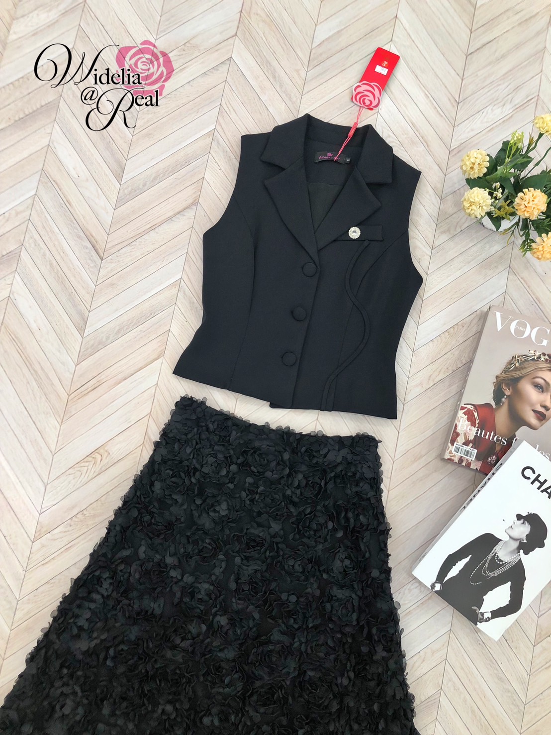 Korea Set เสื้อแขนกุดปกสูทกับกระโปรงยาว ตัวเสื้อผ้าเรียบ สีพื้น