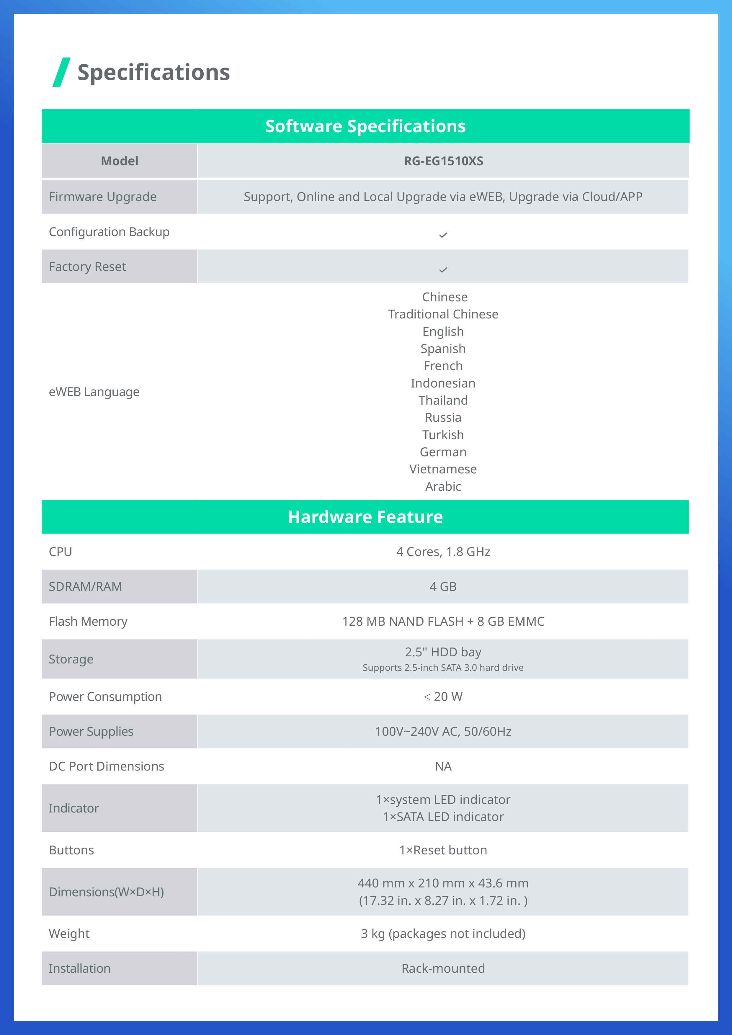 RUIJIE RG-EG1510XS: EG FLAGSHIP ROUTER, 1500 Client User, IPsec VPN 1,000 Tunnels, 4 Gbps BY BILLIONAIRE SECURETECH RG-EG1510XS