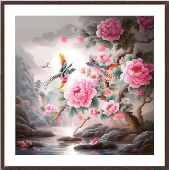 bird-1015 *สินค้าหมด* ชุดปักครอสติช ลายนกน้อยคู่โบตั๋น (ปักเต็มผืนผ้า ไม่มีเดินเส้น ผ้า11CTพิมพ์ลาย ปัก 3 เส้นเล็ก) ขนาด 60*60 ซม. ผ้าครอสติช 11CTพิมพ์ลายปักบนผ้า ไหมคอตตอน 34 สี ผังลาย เข็ม