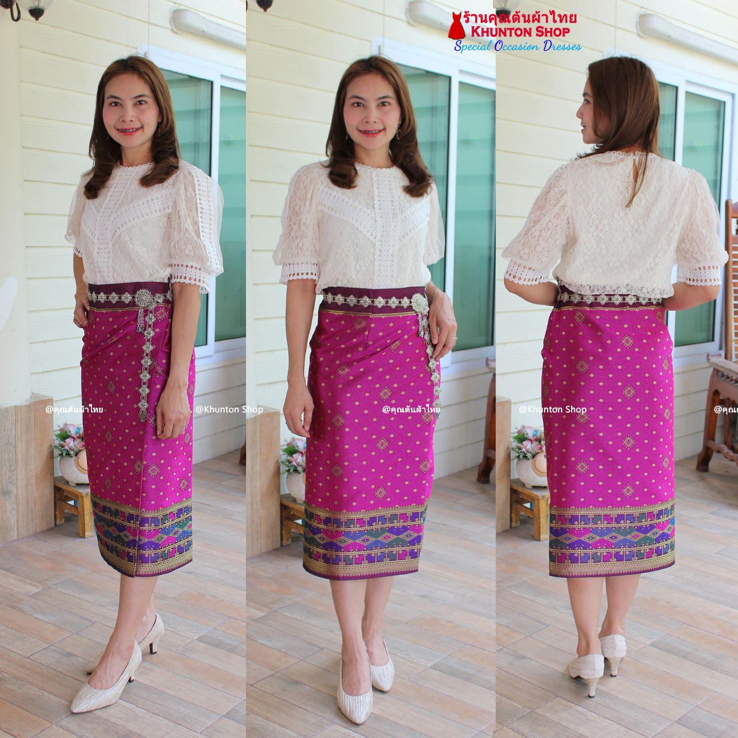 18B-22 ผ้าถุงสำเร็จ ผ้าซิ่นลาว เย็บสำเร็จแบบป้ายติดตะขอ ผ้าทอยกขิดลาวทอลายทั้งผืน เนื้อไหมสังเคราะห์