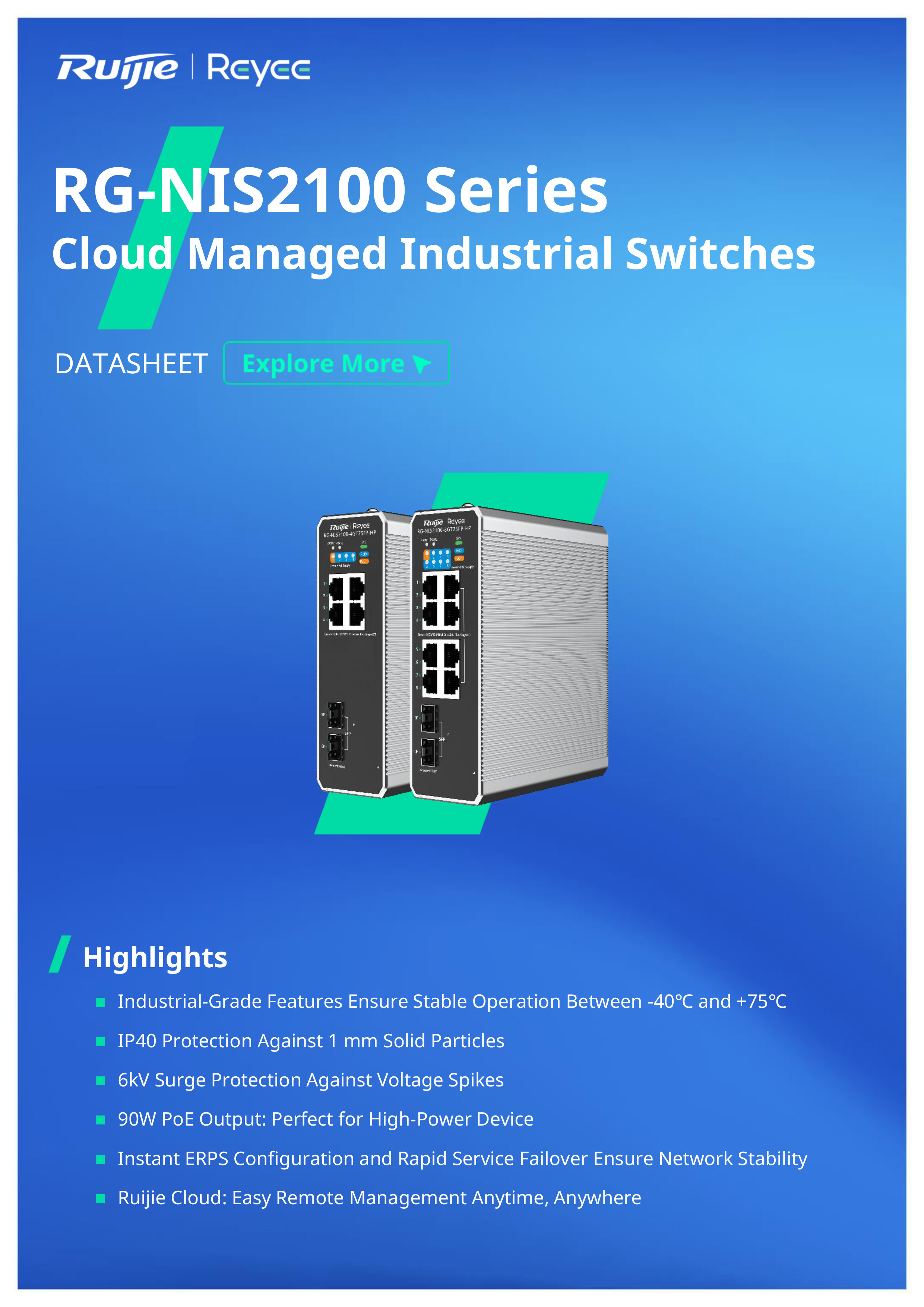 RUIJIE RG-NIS2100-8GT2SFP-HP , 10-Port Cloud Managed Industrial Switch, with 1 x PoE++ Port, 7 x PoE+ Ports, and 2 x SFP Uplink Ports BY BILLIONAIRE SECURETECH RG-NIS2100-8GT2SFP-HP