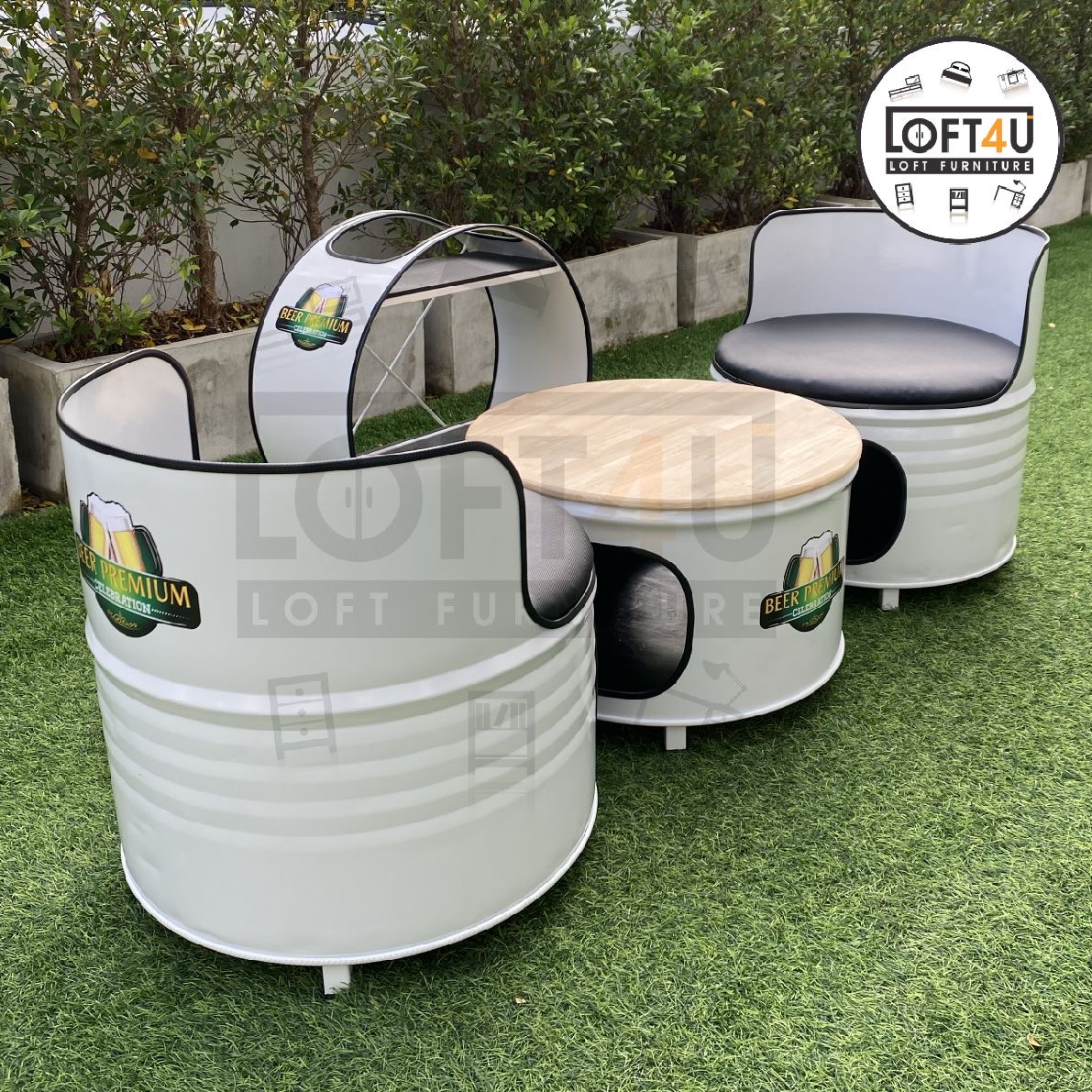 Cafe Table Set + drink shelf : wooden cushion / 2 seats