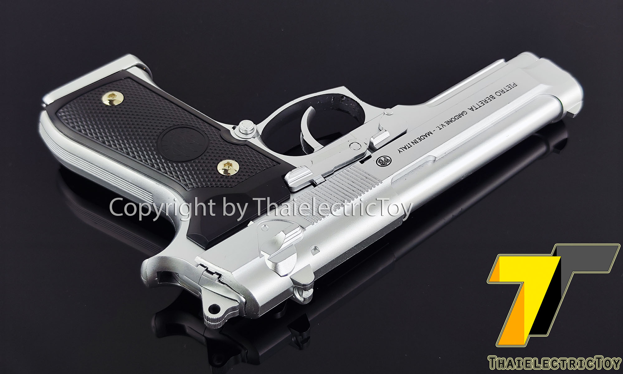 ปืนอัดลมพลาสติก Beretta สีบอร์นเงิน ชักยิงทีล่ะนัด ลำกล้องยาว 8 นิ้ว หนัก 213 กรัม