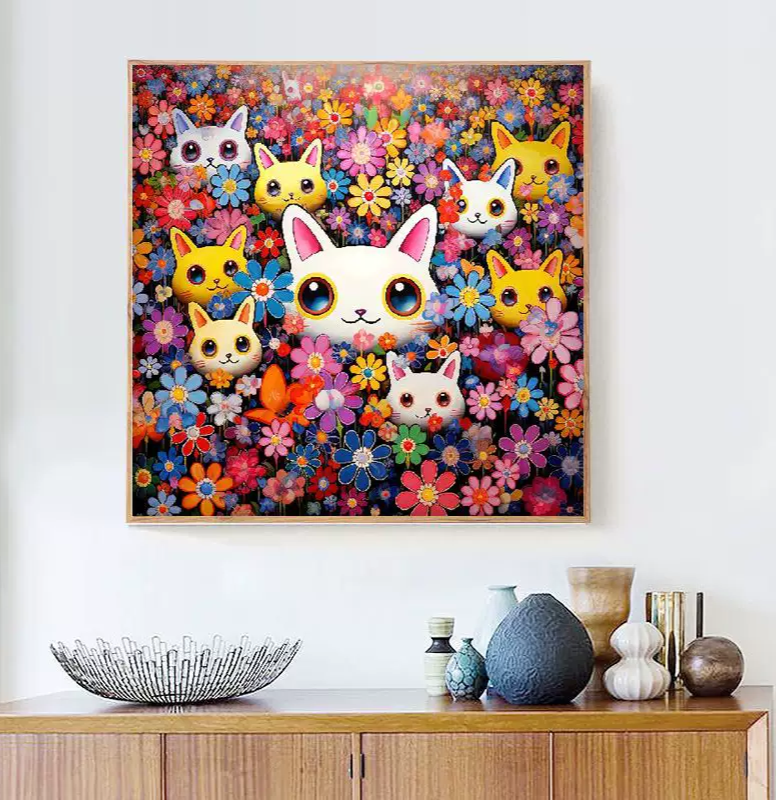 cat-1107 *สินค้าหมด* ชุดปักครอสติช ลายแมวน้อยดอกเดซี่ (ปักเต็มผืนผ้า ไม่มีเดินเส้น ผ้า11CTพิมพ์ลาย ปัก 3 เส้นเล็ก) ขนาด 61*61 ซม. ผ้าครอสติช 11CTพิมพ์ลายปักเต็มลายผ้า ไหมคอตตอน 39 สี ผังลาย เข็ม