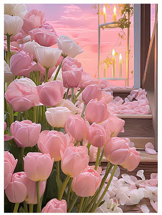 tulip-1101 *สินค้าหมด* ชุดปักครอสติช ลายทิวลิปใต้แสงเทียน (ปักเต็มผืนผ้า ไม่มีเดินเส้น ผ้า11CTพิมพ์ลาย ปัก 3 เส้นเล็ก) ขนาด 53*66 ซม.ผ้าครอสติช 11CTพิมพ์ลายปักบนผ้า ไหมคอตตอน 40 สี ผังลาย เข็ม