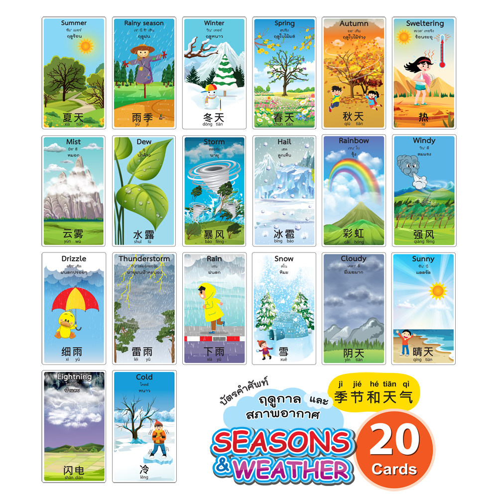 บัตรคำ Flashcards คำศัพท์3ภาษา ET-339 ฤดูกาลและสภาพอากาศ Seasons & Weather