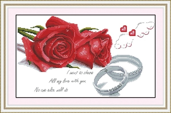 rose-1101 *สินค้าหมด* ชุดปักครอสติช ลายกุหลาบแหวนคู่ ขนาด 58*38 ซม.ผ้าครอสติช 11CTพิมพ์ลายปักบนผ้า ไหมคอตตอน 24 สี ผังลาย เข็ม