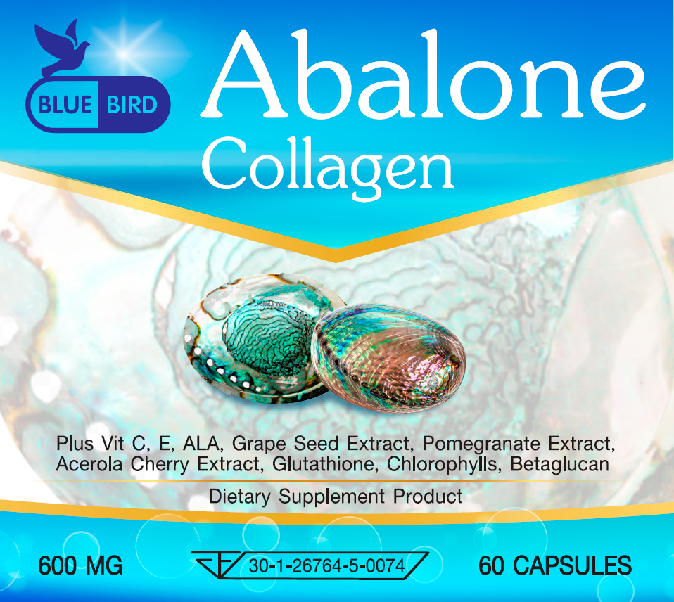 Abalone Collagen อบาโลน คอลลาเจน จากหอยเป๋าฮื้อ คอลลาเจนเข้มข้นชนิดเม็ด ตรา บลูเบิร์ด ขนาด 60 แคปซูล